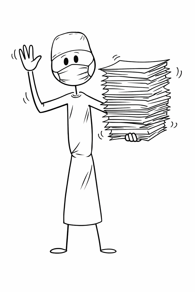 Stick figure surgeon saying hello